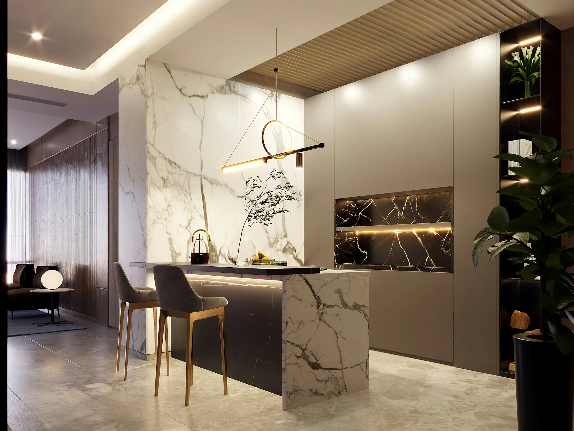 Modern kitchen island with marble accents and pendant light — island lighting direction