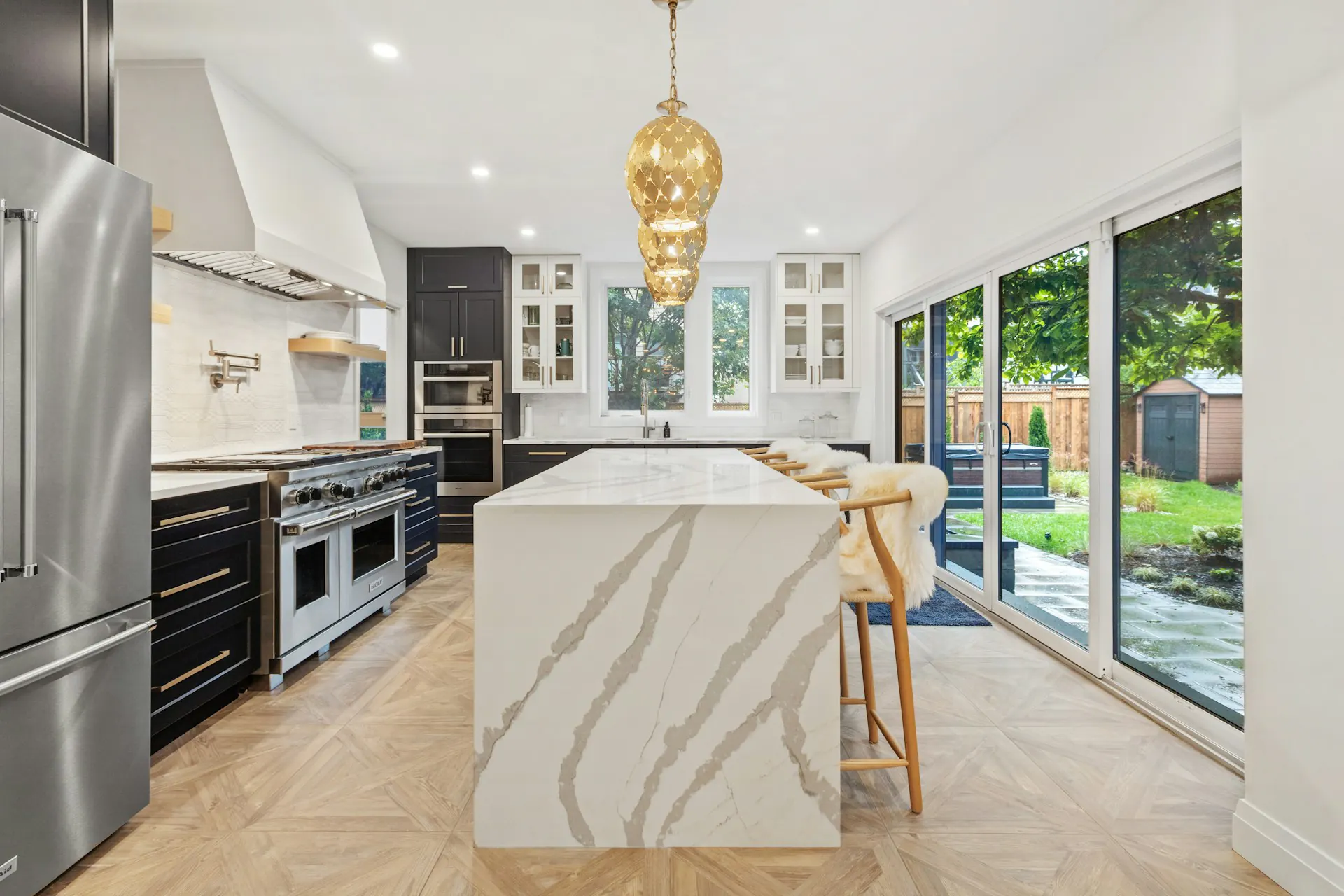 Kitchen marble counter detail close-up — natural stone surface direction