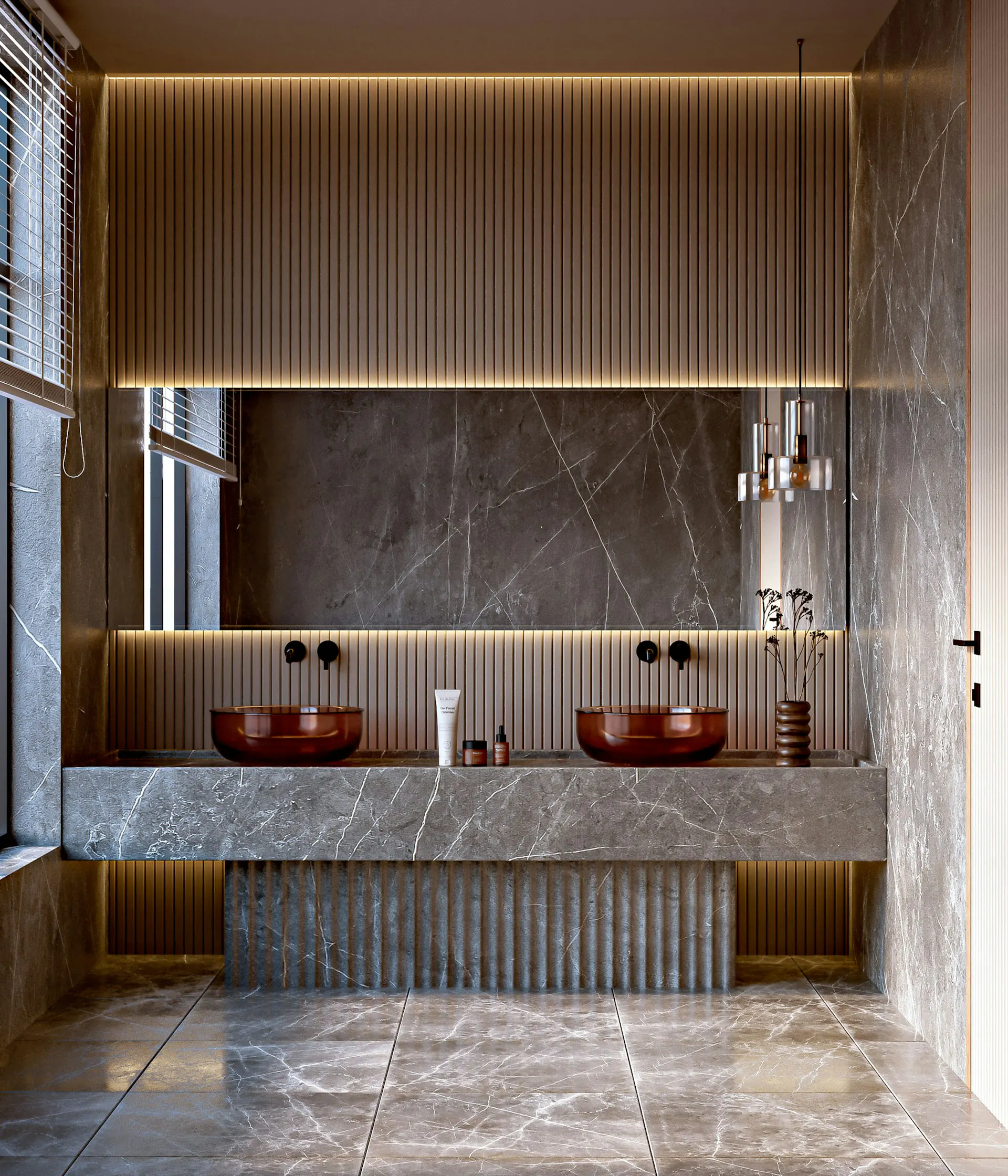 Modern bathroom showroom display — marble vanity with double sinks, mirror, and lighting fixtures arranged for product comparison