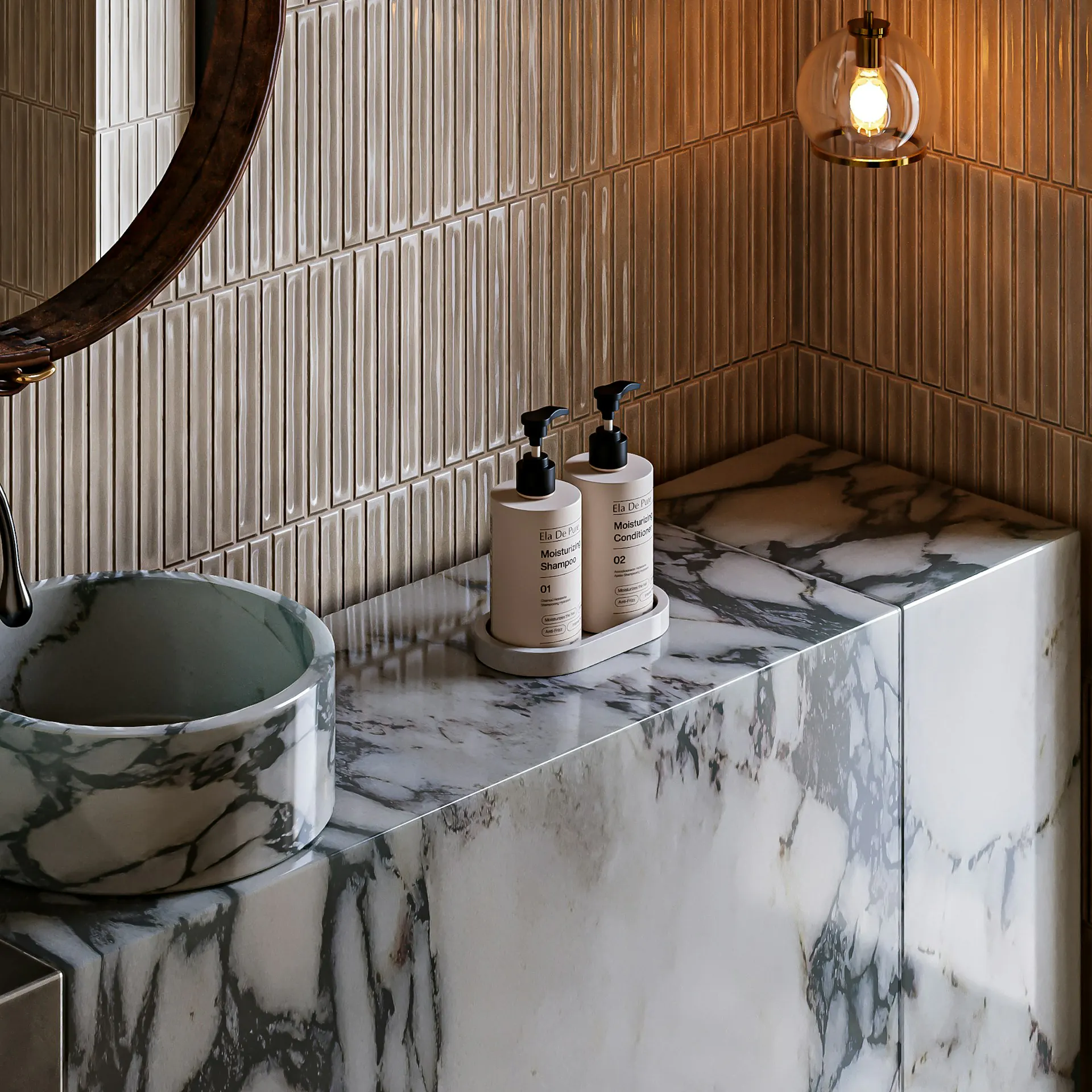 Bathroom vanity with marble countertop and integrated sink — sized to demonstrate standard width and layout principles