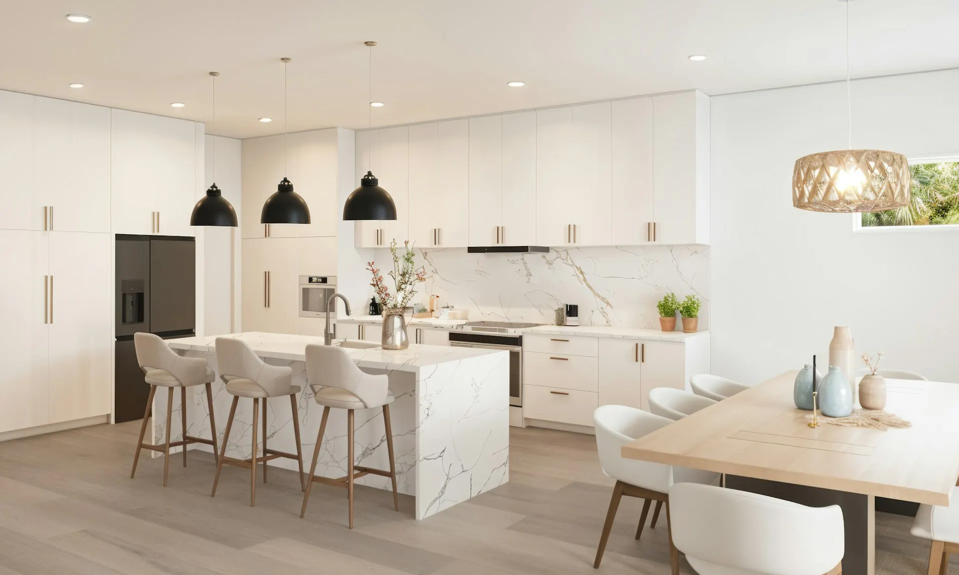 Modern white Paramus NJ kitchen with marble island and adjacent dining area — representative of a full-program kitchen remodel