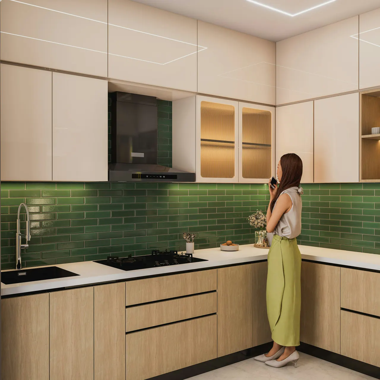 Modern kitchen with subway tile backsplash — tile direction reference