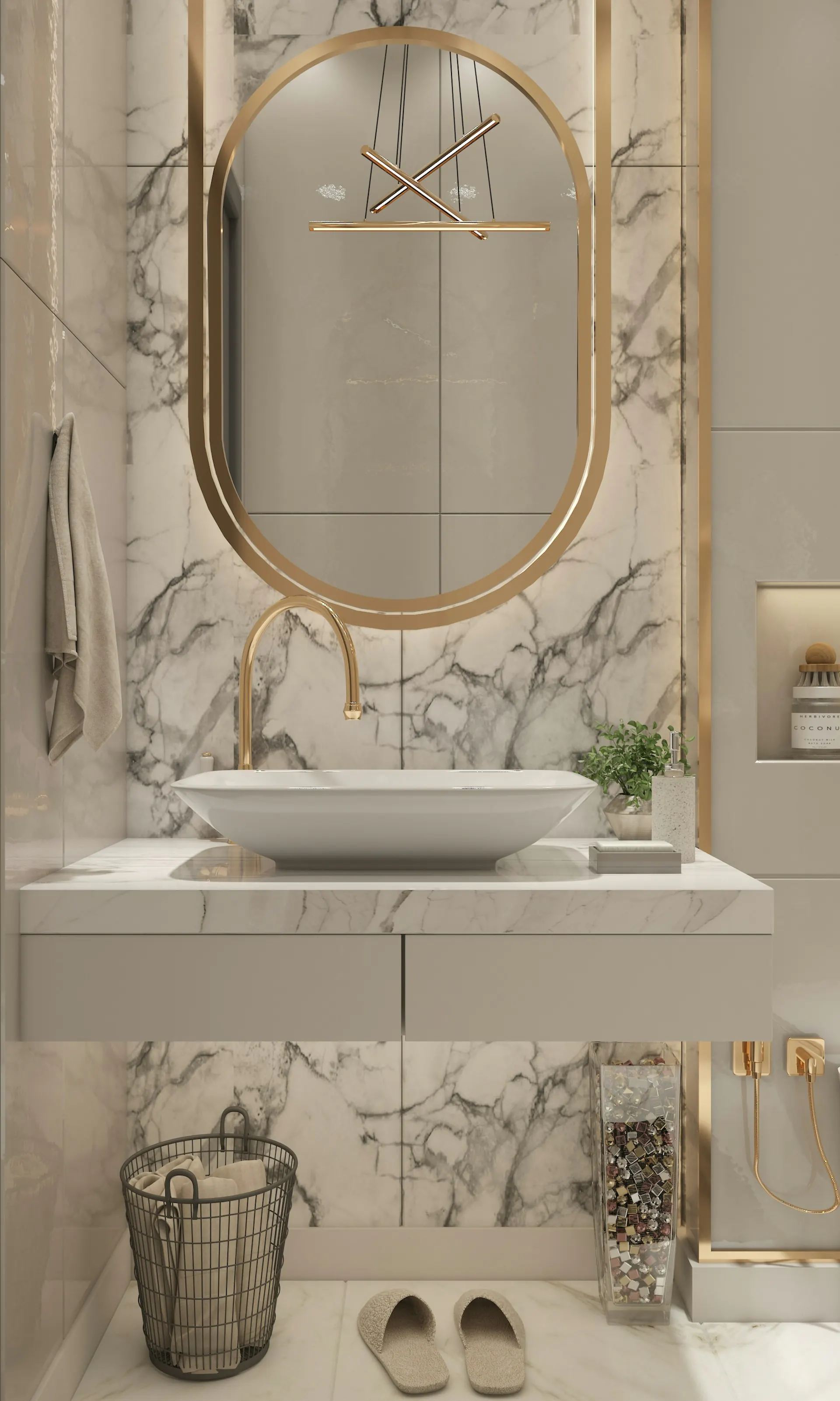 Estate-scale Tenafly NJ primary bathroom — full marble surround, generous wall lengths, spa-like primary suite program