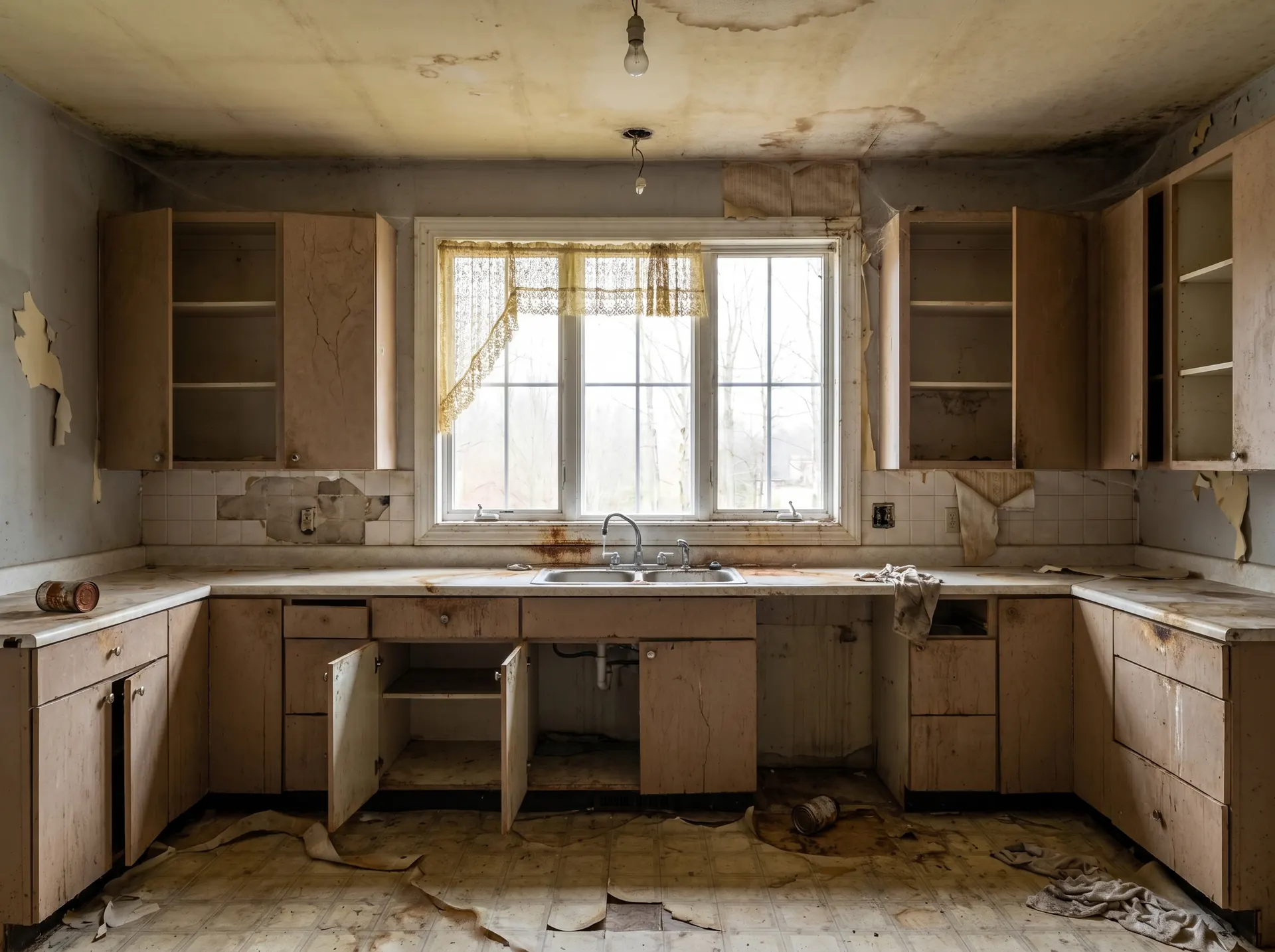 A neglected, run-down kitchen — peeling cabinet doors, water-stained ceiling, dim bare lightbulb, torn curtain
